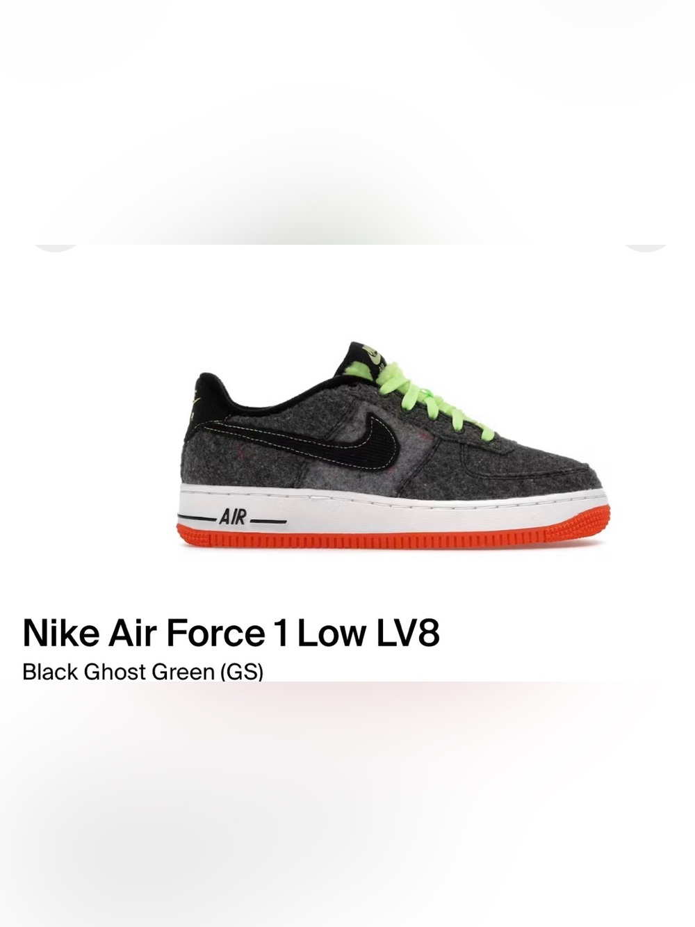 Nike Air Force 1 Low LV8 Grey with Neon Green Laces and Orange Outsole